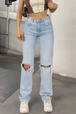 Casual Solid Ripped High Waist Denim Jeans