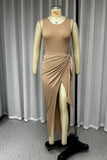 Casual Solid Frenulum Fold Asymmetrical O Neck Wrapped Skirt Dresses