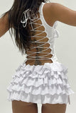 Sexy Solid Backless Flounce Strap Design O Neck Cake Skirt Dresses