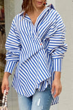 Casual Striped Print Patchwork Asymmetrical Shirt Collar Blouses