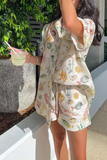 Casual Vacation Print Animal Pocket Turndown Collar Short Sleeve Two Pieces