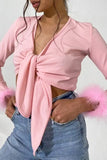 Sexy Solid Feathers Knotted V Neck Tops