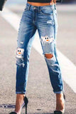 Moda sexy estampa rasgada patchwork cintura média jeans reto