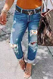 Moda sexy estampa rasgada patchwork cintura média jeans reto