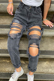Moda sexy sólido rasgado cintura média jeans reto