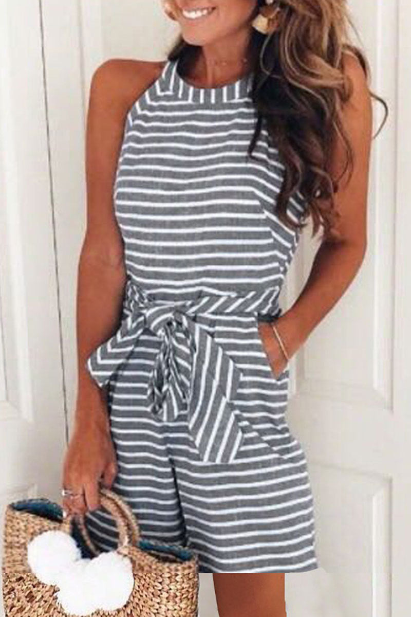 Casual Patchwork Bandage With Belt O Neck Loose Jumpsuits(5 Colors)