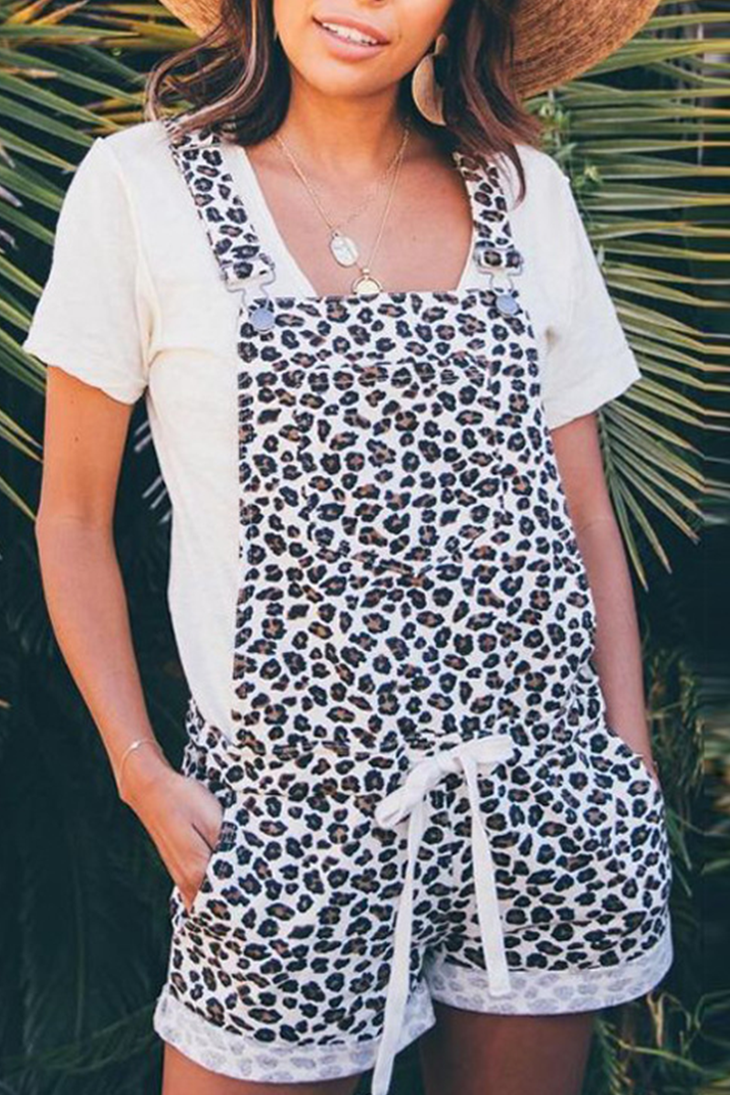 Casual Leopard Patchwork Draw String Straight Jumpsuits