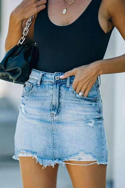 Street Solid Lace Ripped Denim Skirts