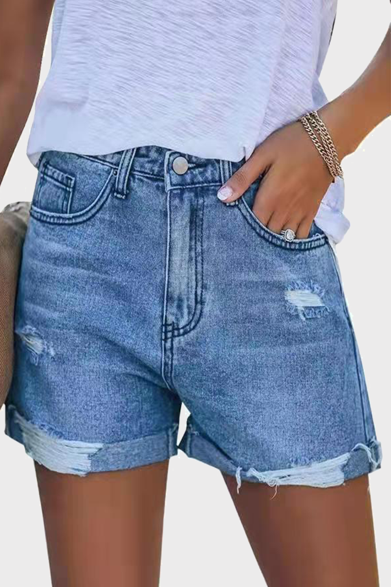 Street Solid Ripped Make Old Mid Waist Straight Denim Shorts(3 colors)