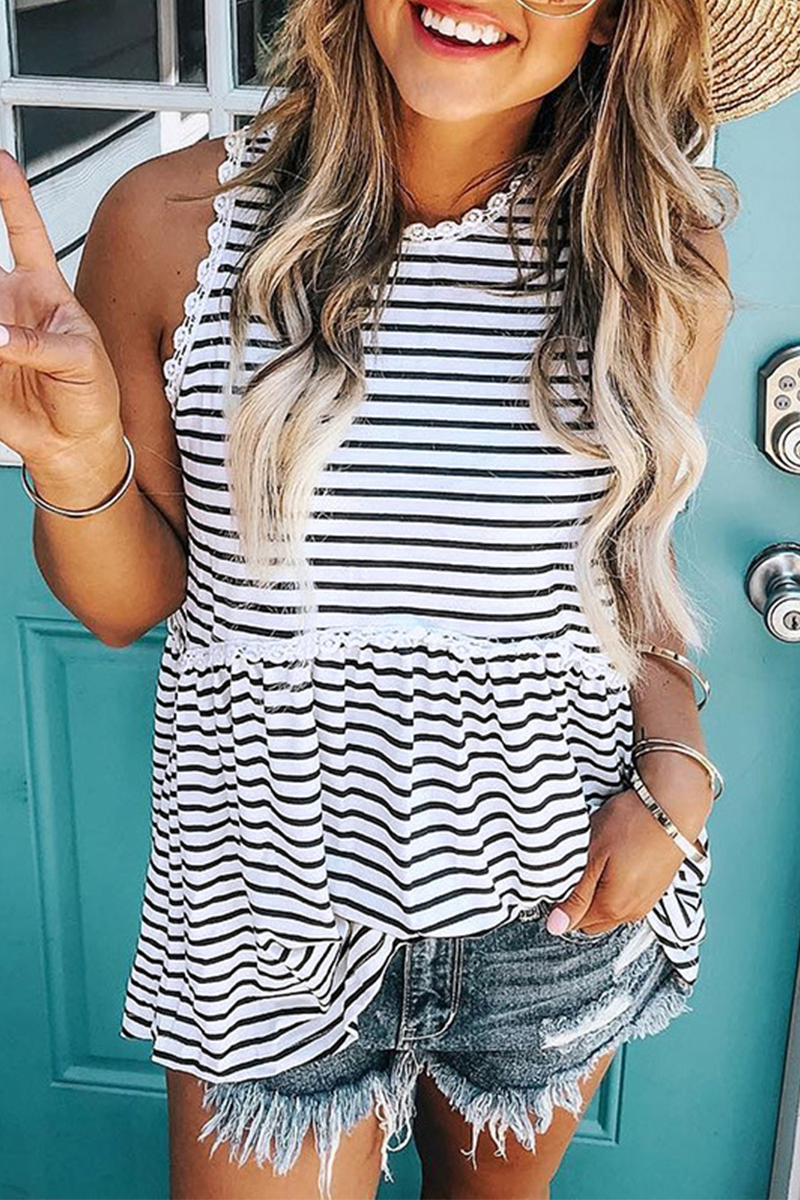 Casual Striped Lace Patchwork O Neck T-Shirts