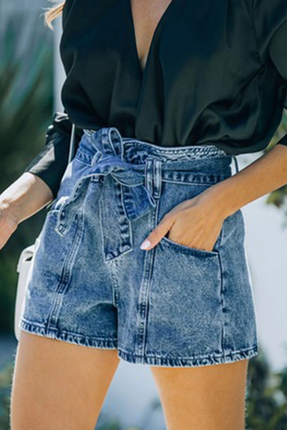 Elegant Solid Pocket With Belt High Waist Denim Shorts