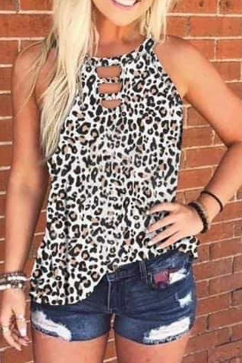 Street Leopard Hollowed Out O Neck Tops（3 colors）