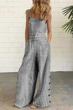 Casual Plaid Buttons Square Collar Straight Jumpsuits