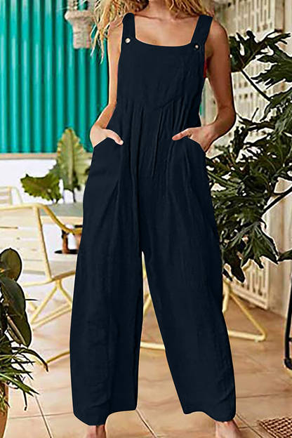 Casual Solid Pocket Buttons Square Collar Straight Jumpsuits