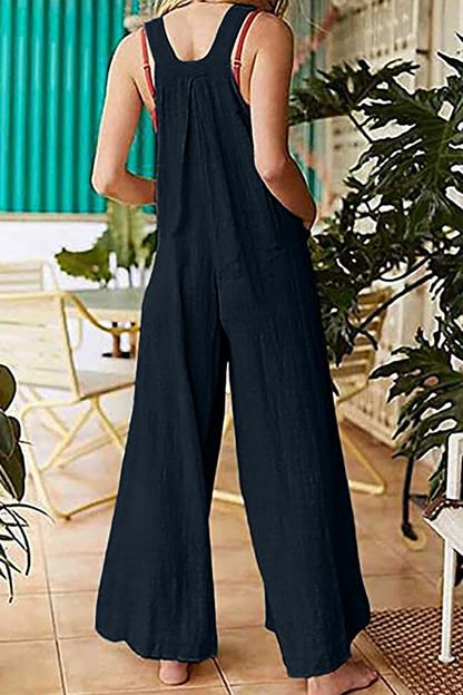 Casual Solid Pocket Buttons Square Collar Straight Jumpsuits