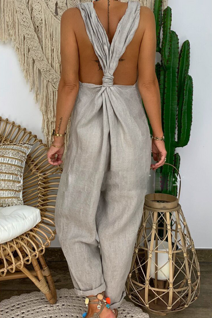 Casual Solid Backless Knotted V Neck Loose Jumpsuits(6 Colors)