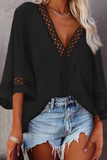 Casual Solid Hollowed Out Patchwork V Neck Tops Blouses(3 Colors)