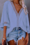 Casual Solid Hollowed Out Patchwork V Neck Tops Blouses(3 Colors)