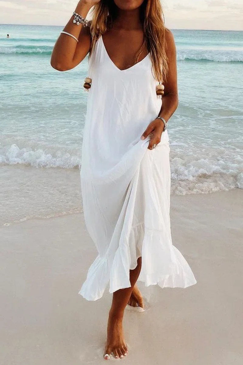 Fashion Simplicity Solid Patchwork V Neck Beach Dresses(5 Colors)