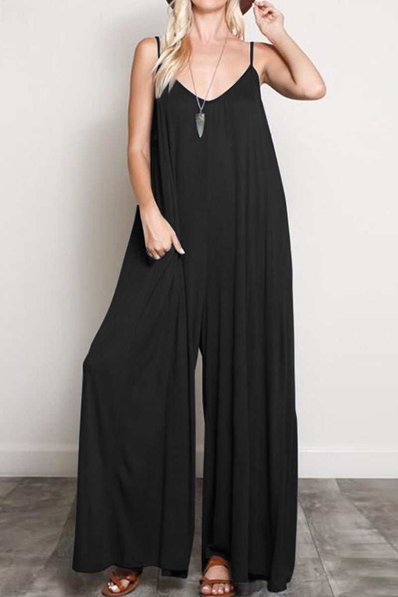 Fashion Street Solid V Neck Loose Jumpsuits(3 Colors)