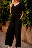 Fashion Casual Solid Split Joint V Neck Loose Jumpsuits(3 colors)