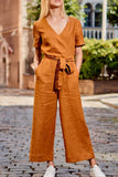 Fashion Casual Solid Split Joint V Neck Loose Jumpsuits(3 colors)