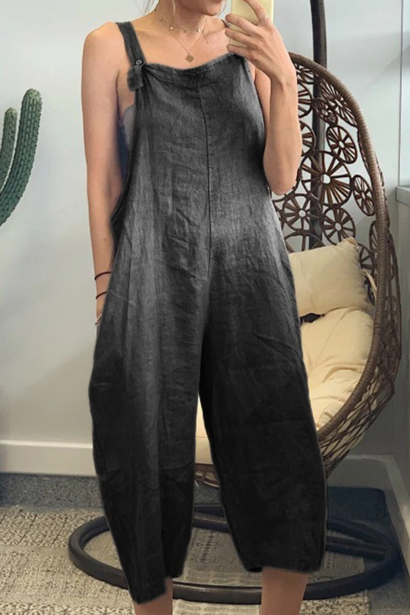 Casual Solid Buttons Capris Square Collar Loose Jumpsuits