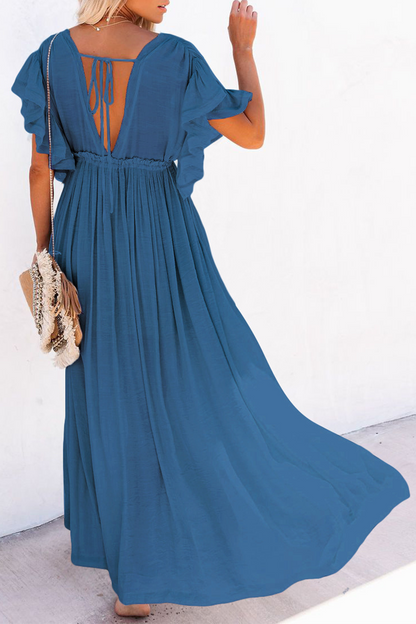 Elegant Solid Frenulum Buckle V Neck A Line Dresses(7 Colors)