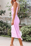 Fashion Elegant Solid With Belt Oblique Collar Pencil Skirt Dresses