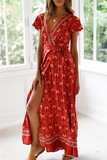 Moda elegante estampa floral frênulo fenda decote em V vestidos linha A