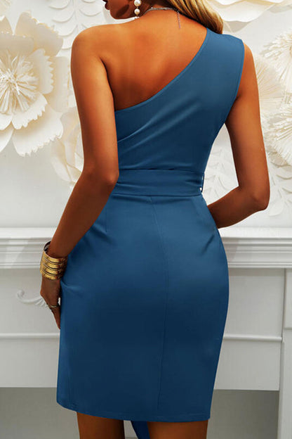 Fashion British Style Solid Split Joint One Shoulder Irregular Dresses(5 colors)