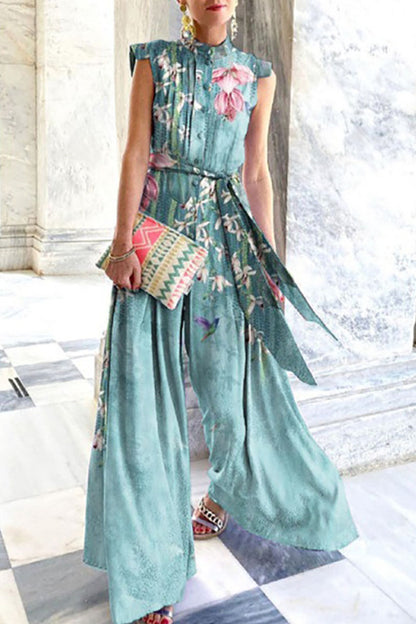 Fashion Street Print Patchwork O Neck Loose Jumpsuits