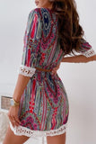 Fashion Sweet Print Patchwork V Neck A Line Dresses(3 Colors)