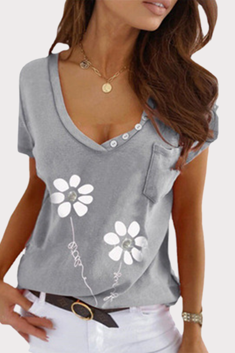 Casual Print Patchwork Buckle V Neck T-Shirts