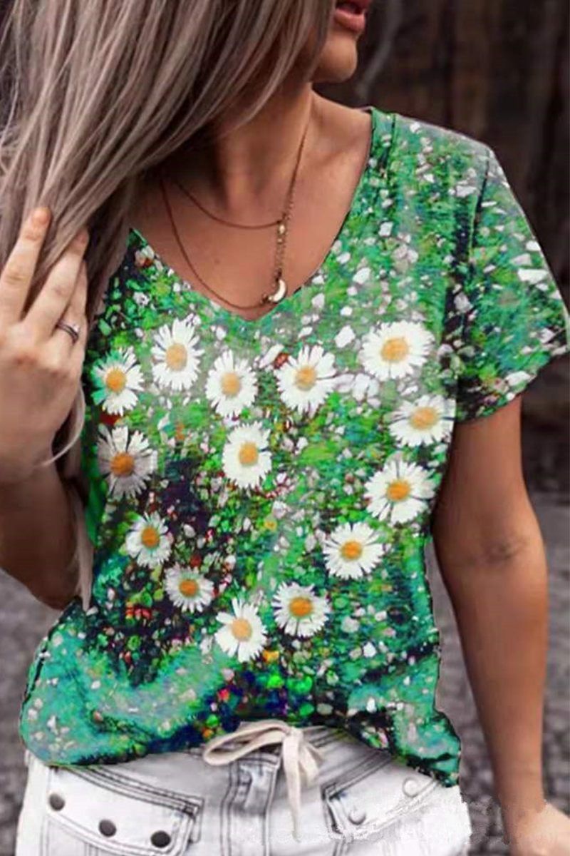 Casual Floral Basic V Neck T-Shirts(4 Colors)