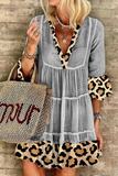 Vestidos casuais elegantes de renda leopardo patchwork com decote em V (3 cores)