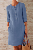 Casual Solid Pocket Buckle O Neck Long Sleeve Dresses(6 Colors)