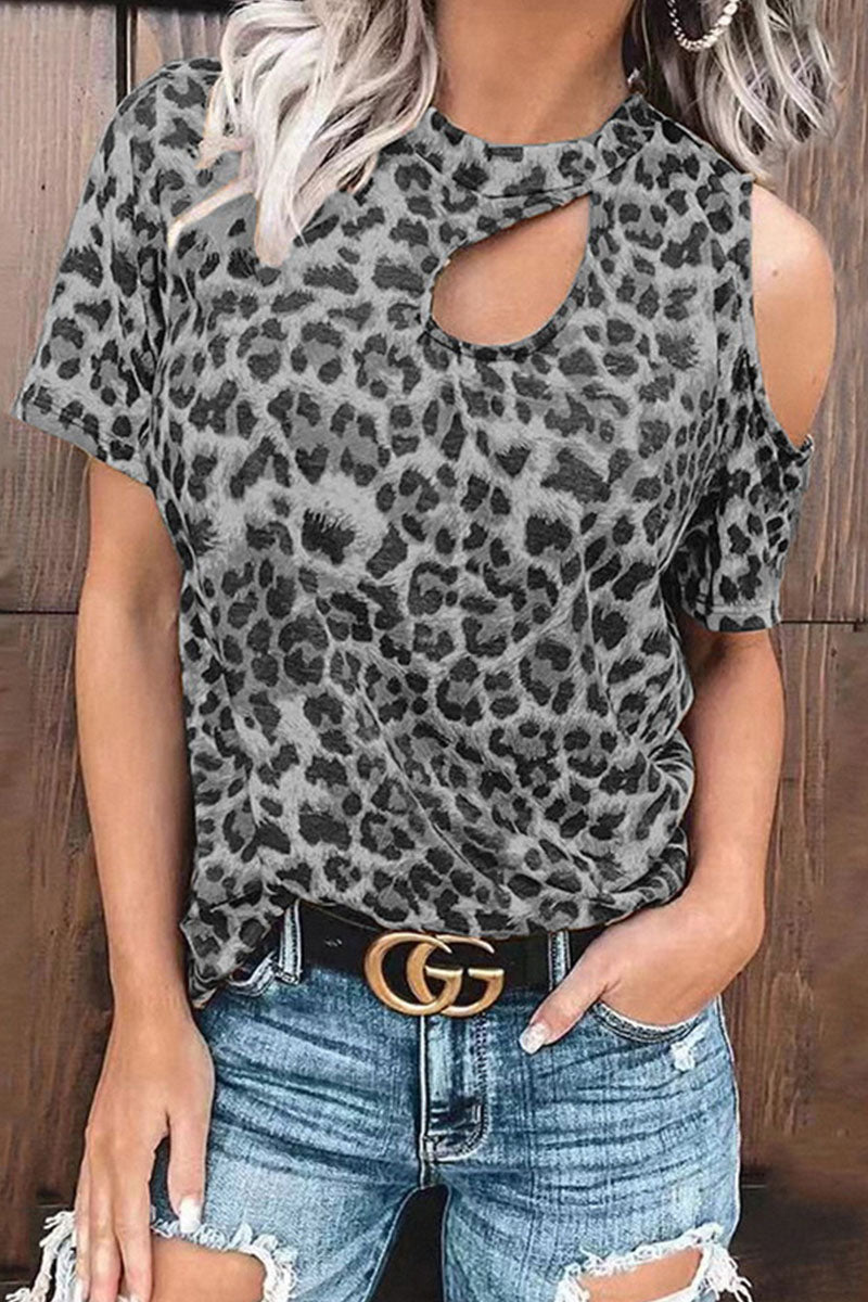 Fashion Street Leopard Split Joint O Neck T-Shirts