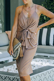 Fashion Elegant Solid Fold Knotted V Neck Sling Dress Dresses