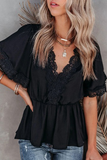 Fashion Elegant Solid Lace Hollowed Out Frenulum V Neck Tops