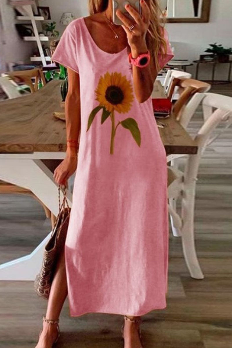 Casual Print Slit O Neck Pencil Skirt Dresses(5 Colors)