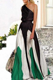 Vestidos de falda de cintura con cuello oblicuo en contraste de retazos elegantes de moda (7 colores)