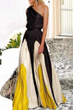 Vestidos de falda de cintura con cuello oblicuo en contraste de retazos elegantes de moda (7 colores)