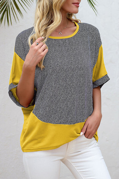 Casual Striped Split Joint O Neck Plus Size Tops(4 Colors)
