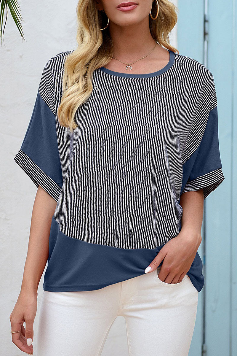 Casual Striped Split Joint O Neck Plus Size Tops(4 Colors)