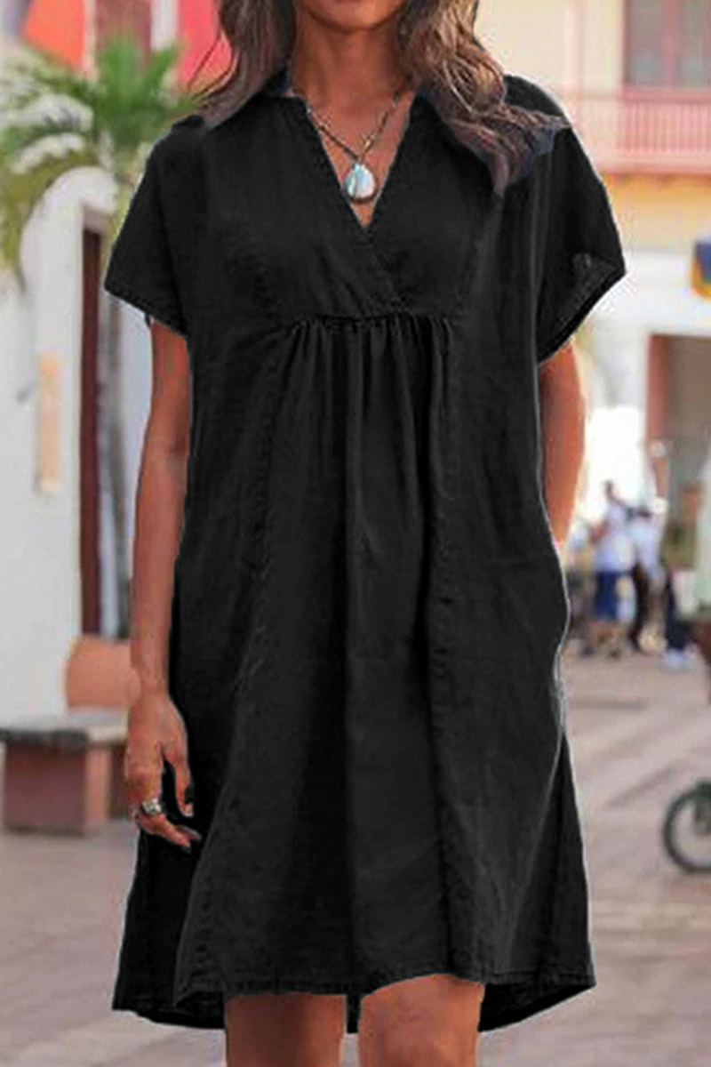 Casual Solid Patchwork V Neck Short Sleeve Dress Dresses(5 Colors)