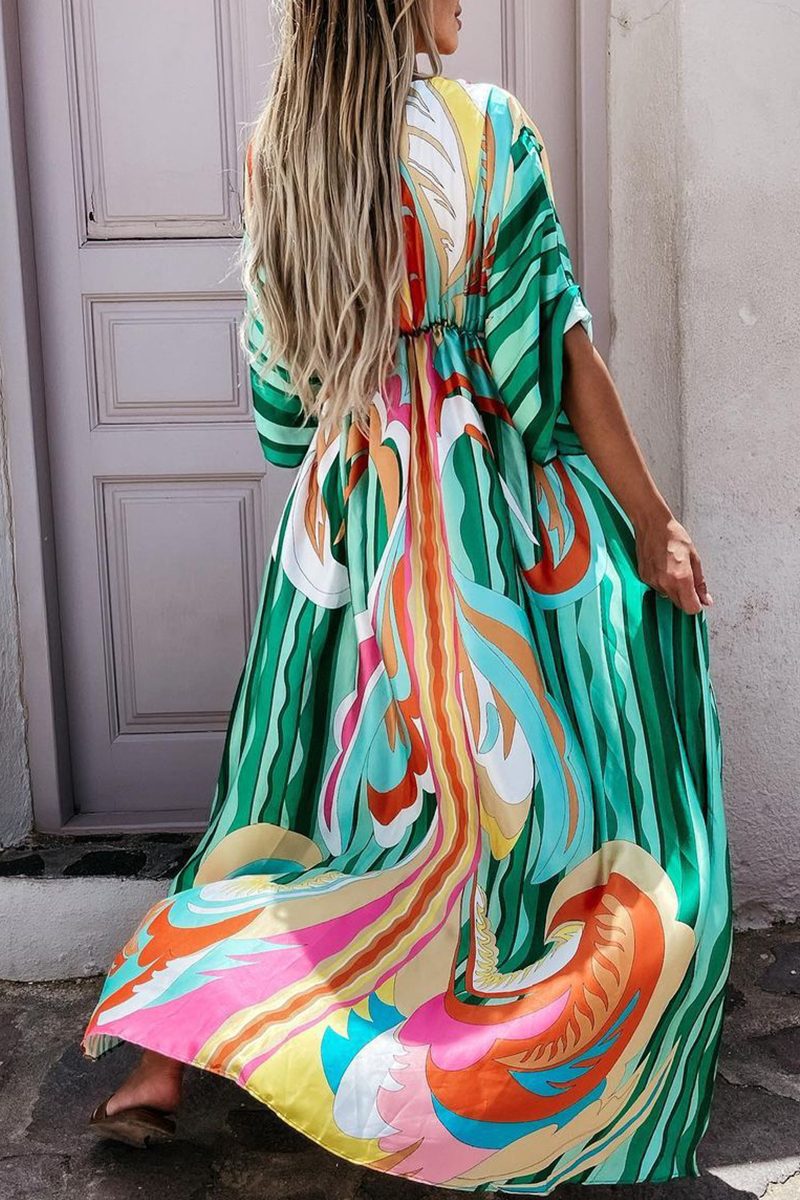 Fashion Elegant Frenulum Slit V Neck Printed Dress Dresses(4 colors)