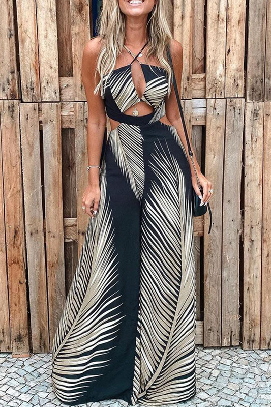 Casual Street Print Hollowed Out Draw String Halter Jumpsuits