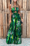 Casual Street Print Hollowed Out Draw String Halter Jumpsuits