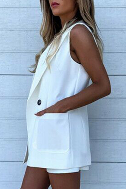 Fashion Elegant Solid Pocket Buttons Turndown Collar Sleeveless Two Pieces